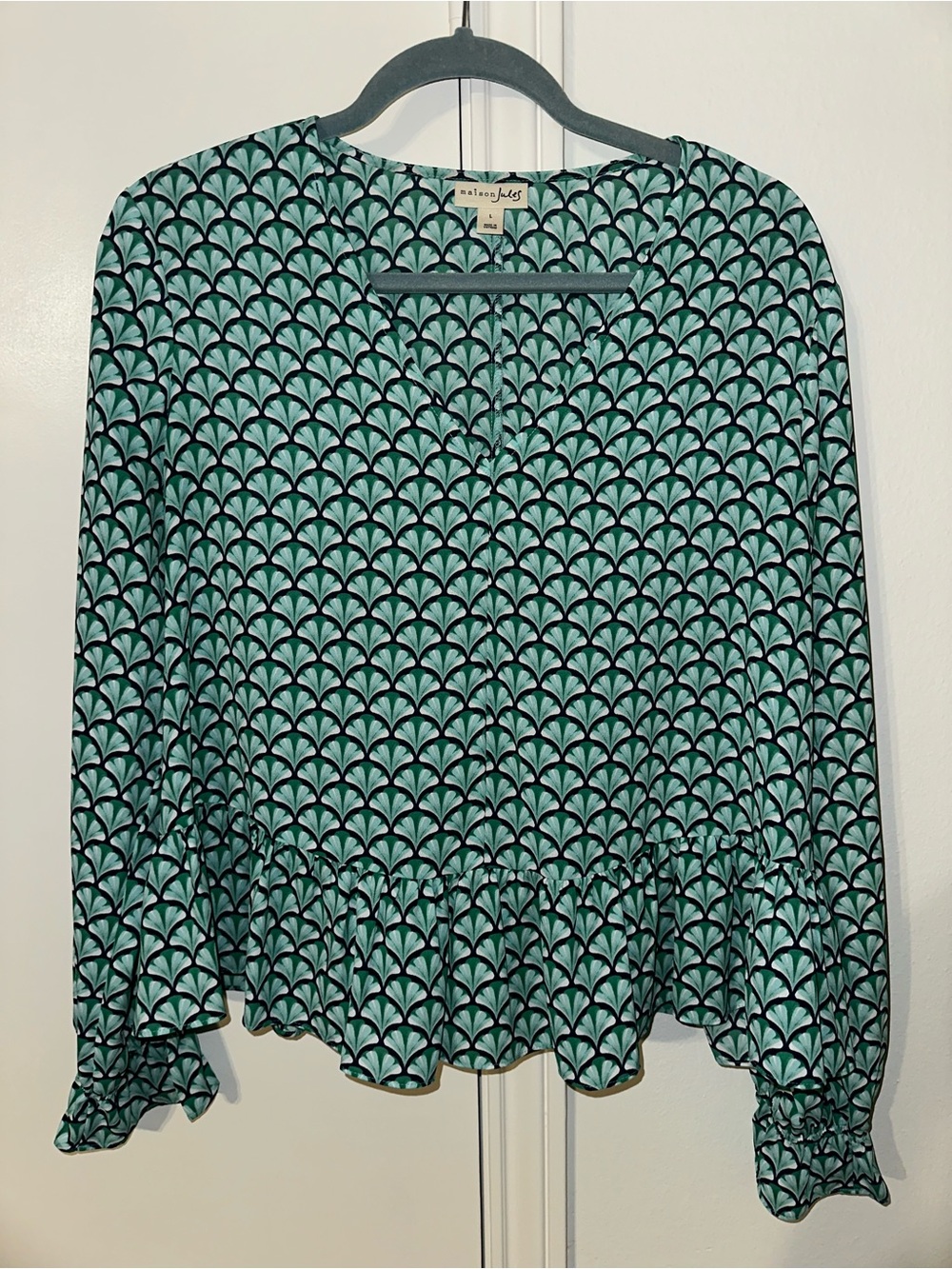 Maison Jules Teal Geometric Long-Sleeve Peplum Top